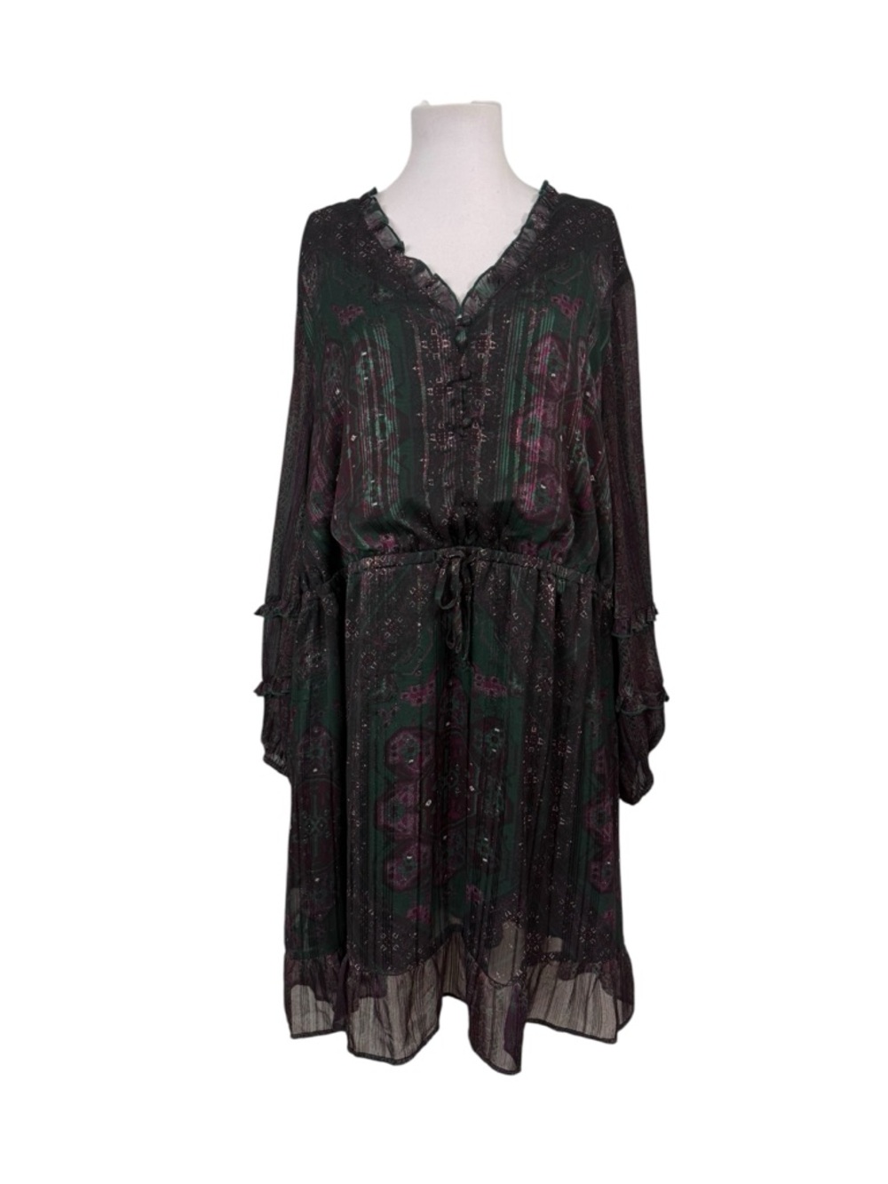 Frye and Co. 3X Boho Prairie Floral Button Front Dress Green V-Neck Sheer Lined
